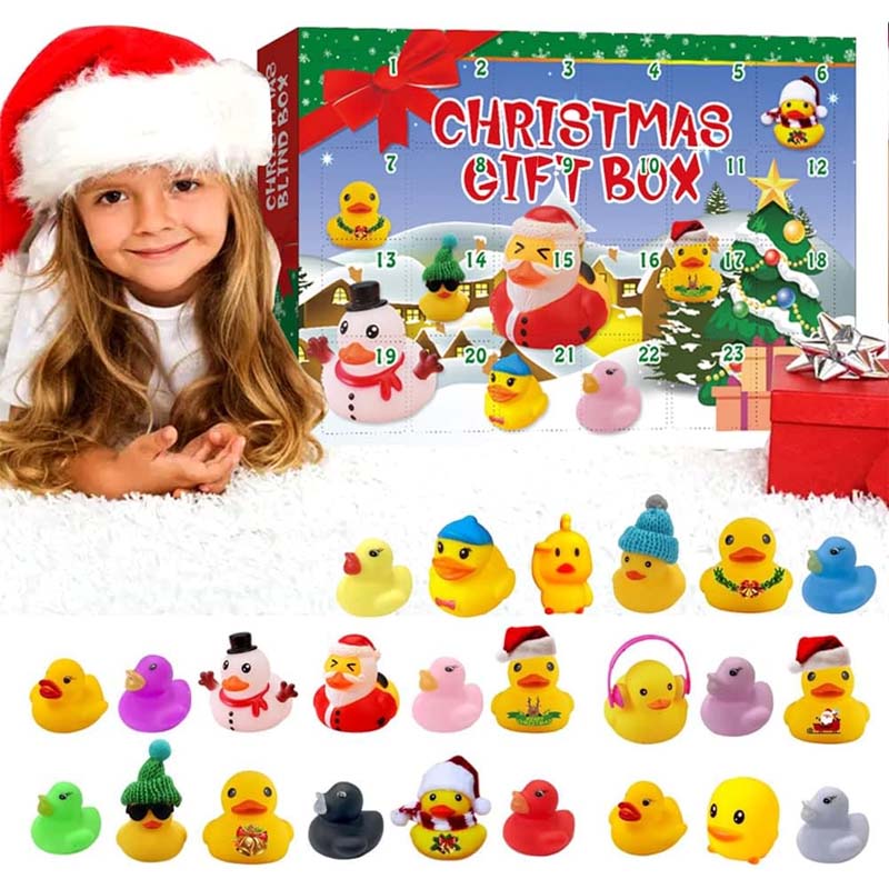"Färgglad adventskalender med 24 jultema gummiankor för barn, perfekt för julnedräkning och dagliga överraskningar."