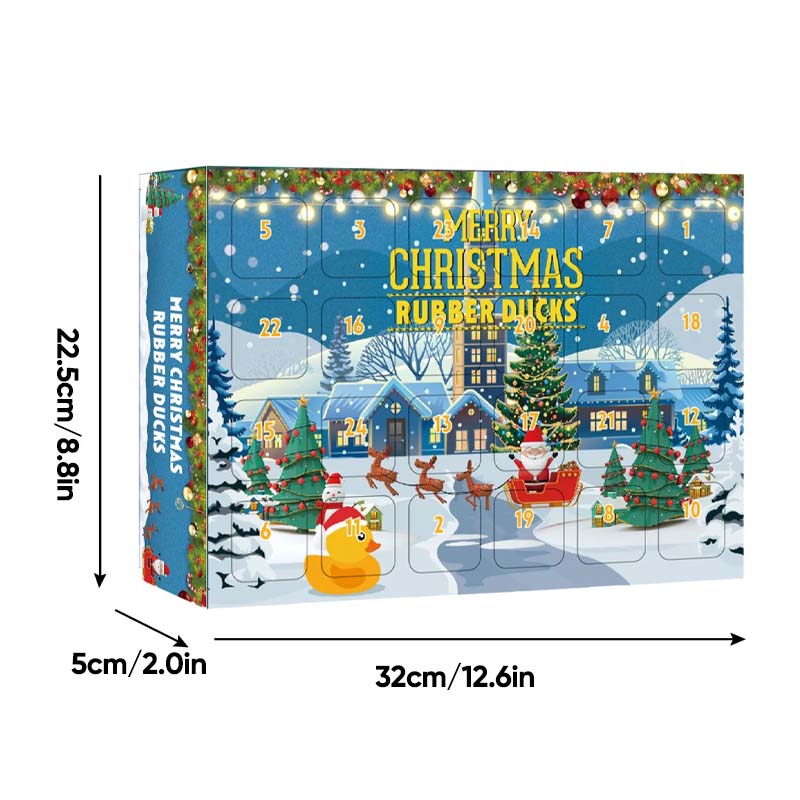 "Färgglad adventskalender med 24 jultema gummiankor för barn, perfekt för julnedräkning och dagliga överraskningar."