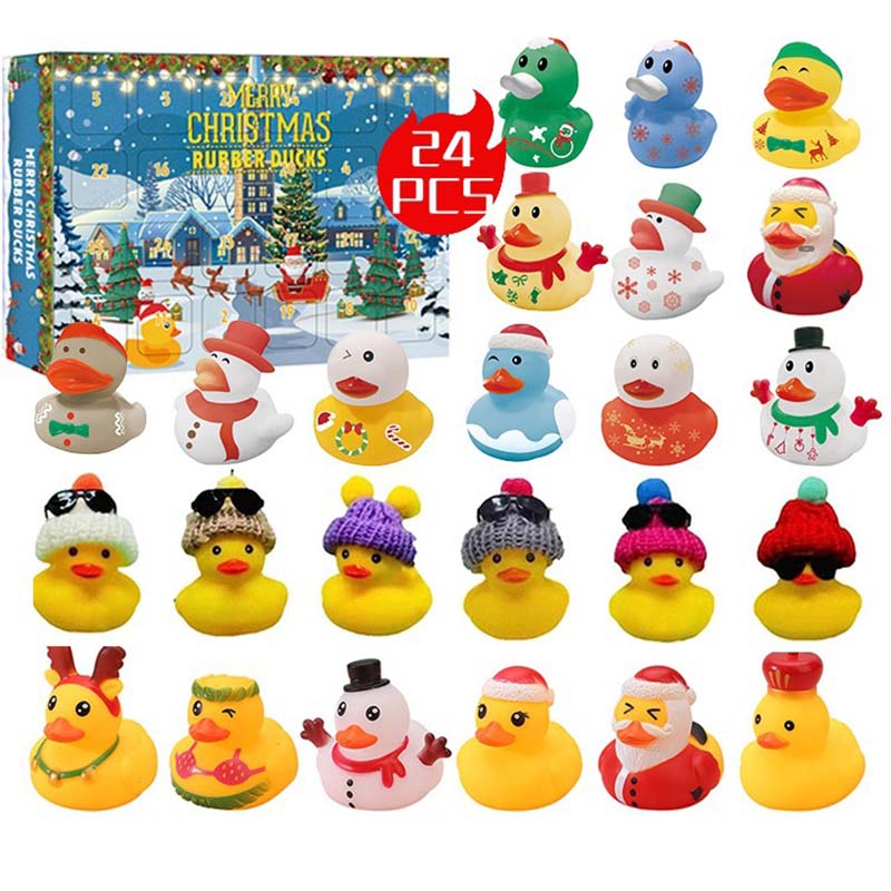 "Färgglad adventskalender med 24 jultema gummiankor för barn, perfekt för julnedräkning och dagliga överraskningar."