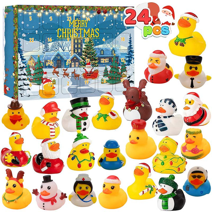 "Färgglad adventskalender med 24 jultema gummiankor för barn, perfekt för julnedräkning och dagliga överraskningar."
