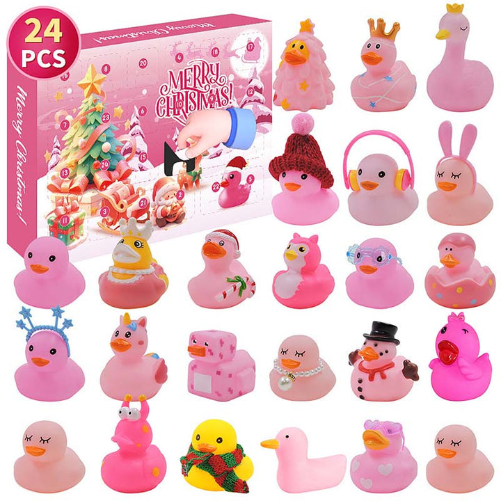 "Färgglad adventskalender med 24 jultema gummiankor för barn, perfekt för julnedräkning och dagliga överraskningar."