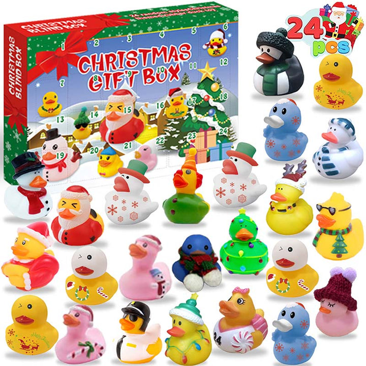 "Färgglad adventskalender med 24 jultema gummiankor för barn, perfekt för julnedräkning och dagliga överraskningar."