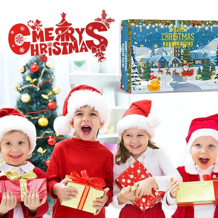 "Färgglad adventskalender med 24 jultema gummiankor för barn, perfekt för julnedräkning och dagliga överraskningar."