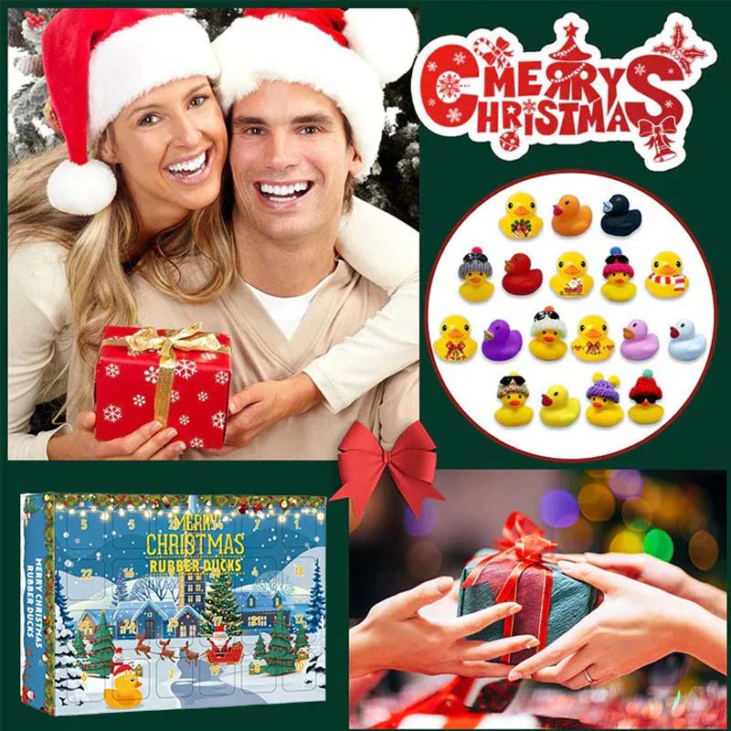 "Färgglad adventskalender med 24 jultema gummiankor för barn, perfekt för julnedräkning och dagliga överraskningar."