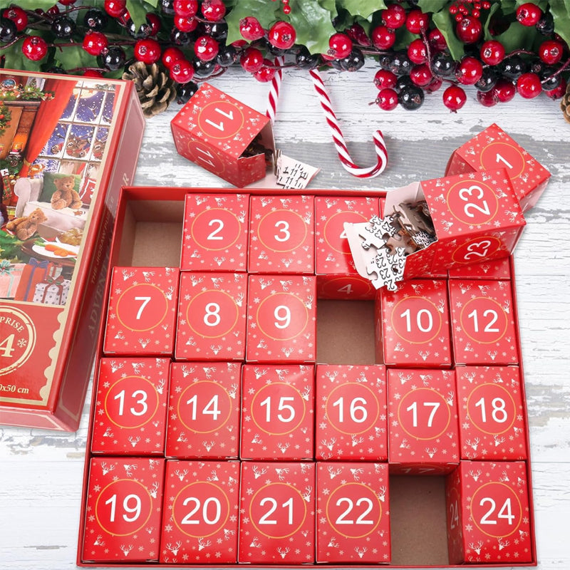 "Färgglad adventskalender med 24 luckor, lämplig för familjer. Perfekt juldekoration för ett hemtrevligt och festligt inslag.