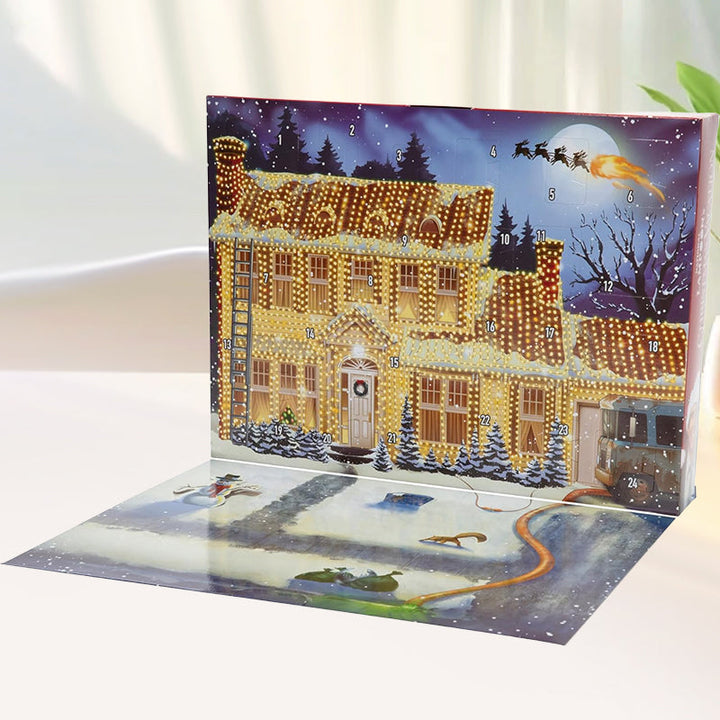 "Färgglad adventskalender med 24 luckor, lämplig för familjer. Perfekt juldekoration för ett hemtrevligt och festligt inslag.