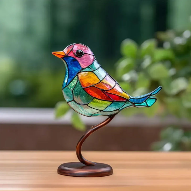 Färgglad akryl fågelprydnad på gren, detaljerad design för hem och kontor, lättplacerad dekor.