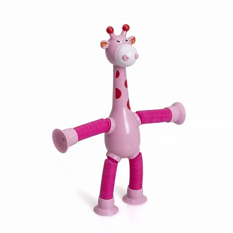 Färgglad förlängbar sugkopp giraffleksak med teleskopfunktion, idealisk för barnlek och kreativ stimulans.
