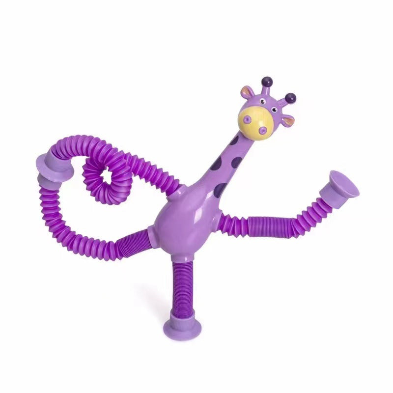 Färgglad förlängbar sugkopp giraffleksak med teleskopfunktion, idealisk för barnlek och kreativ stimulans.