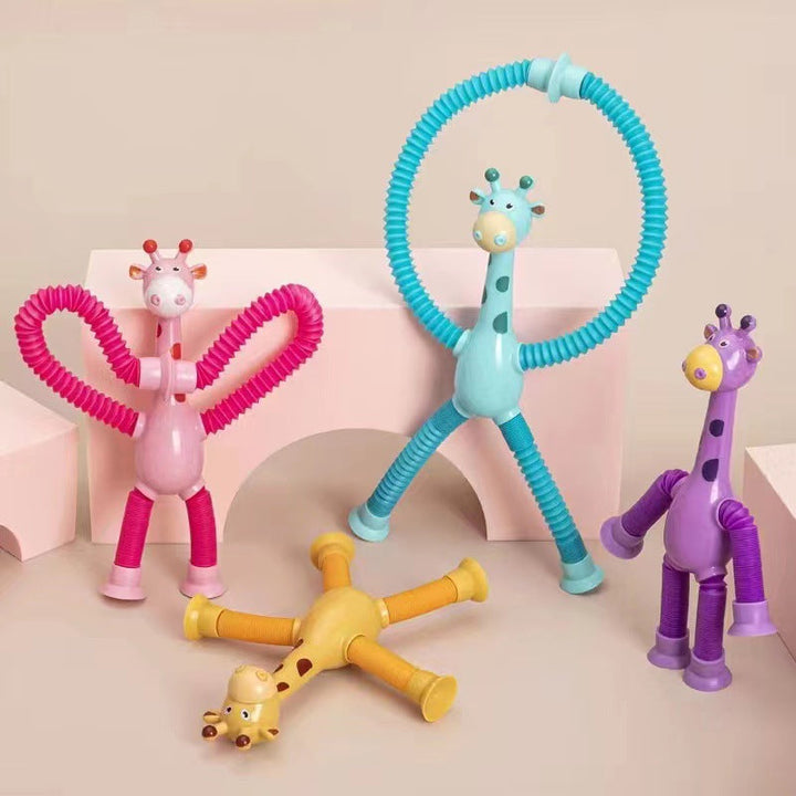 Färgglad förlängbar sugkopp giraffleksak med teleskopfunktion, idealisk för barnlek och kreativ stimulans.