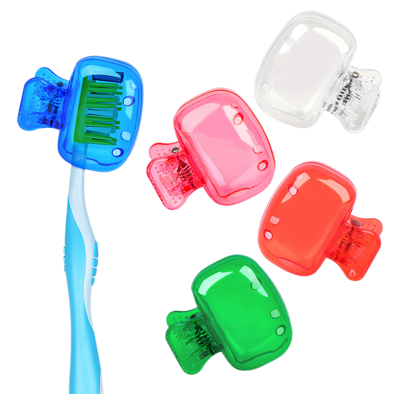 Färgglatt plastfodral för tandborste, set med fem olika färger: genomskinlig, blå, röd, grön, rosa. Perfekt för resor.