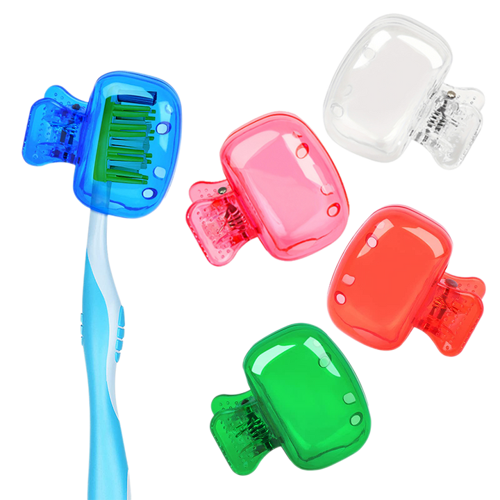 Färgglatt plastfodral för tandborste, set med fem olika färger: genomskinlig, blå, röd, grön, rosa. Perfekt för resor.