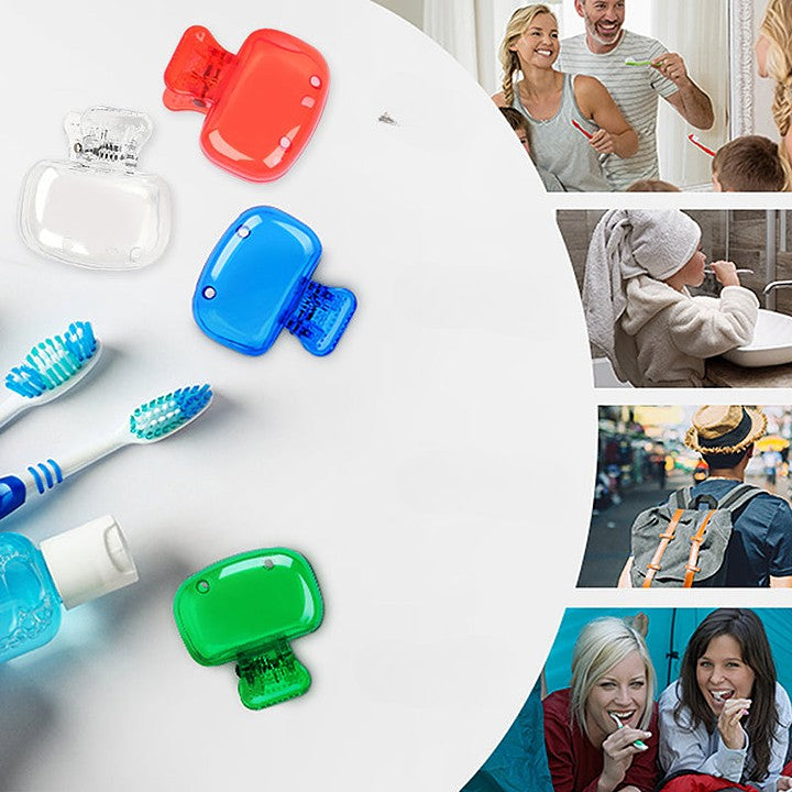Färgglatt plastfodral för tandborste, set med fem olika färger: genomskinlig, blå, röd, grön, rosa. Perfekt för resor.