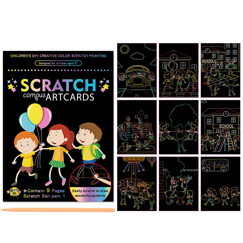 Färgglad skrapbok för barn med tema djur och pirater, perfekt för att stimulera kreativitet och fantasi.