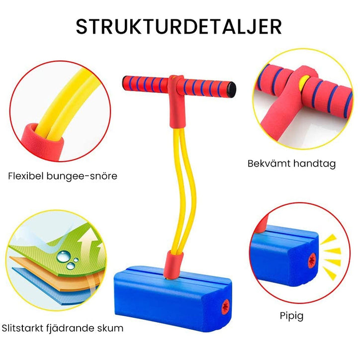 Färgglad skum Pogo Hopper för barn med ljus och ljud, bekväma handtag och mjuk bas för säker inomhuslek.