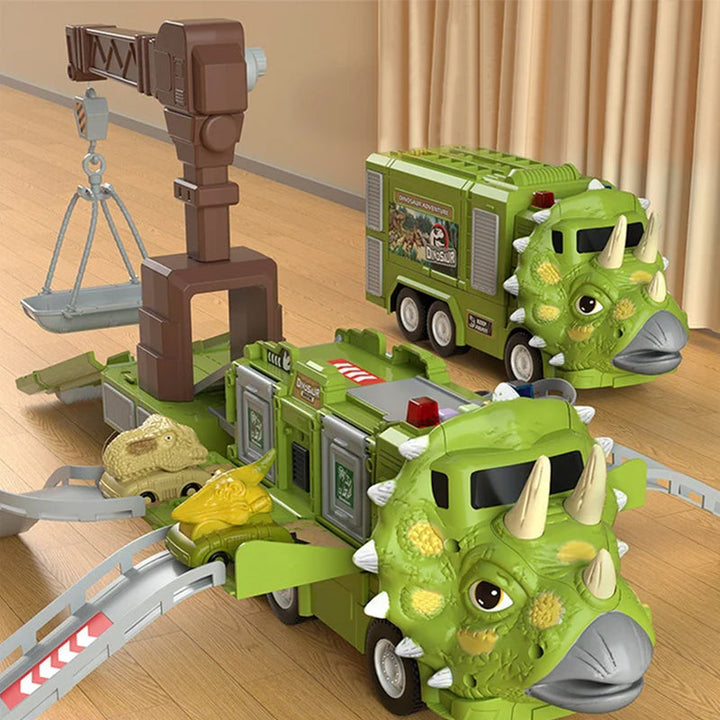 "Färgglad transformerande dinosaurielastbil med ljus och musik, perfekt för barns kreativa och pedagogiska lek."
