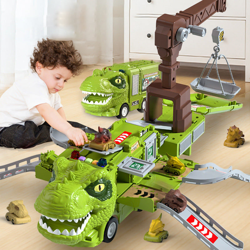"Färgglad transformerande dinosaurielastbil med ljus och musik, perfekt för barns kreativa och pedagogiska lek."
