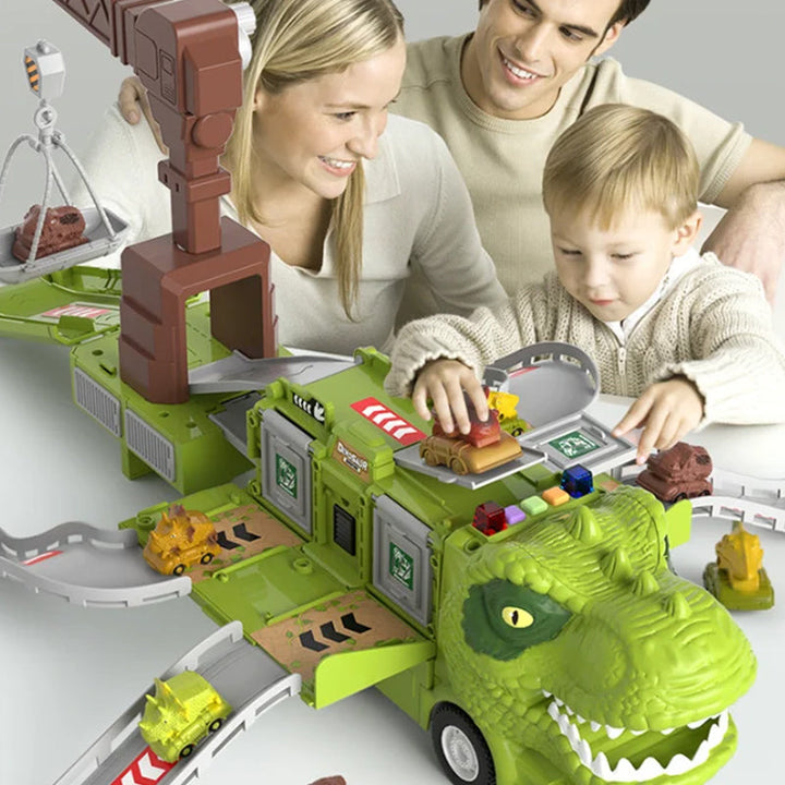 "Färgglad transformerande dinosaurielastbil med ljus och musik, perfekt för barns kreativa och pedagogiska lek."