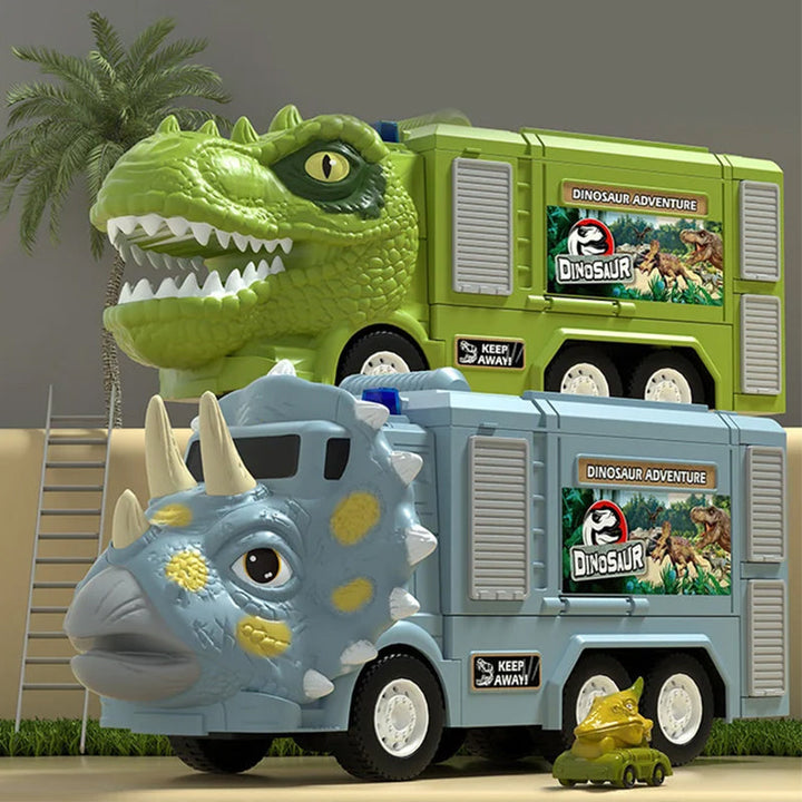 "Färgglad transformerande dinosaurielastbil med ljus och musik, perfekt för barns kreativa och pedagogiska lek."
