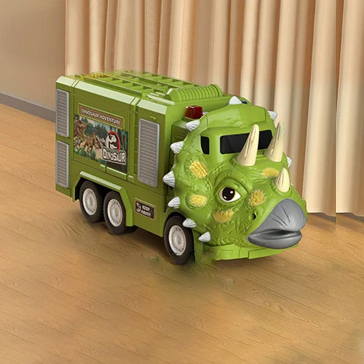 "Färgglad transformerande dinosaurielastbil med ljus och musik, perfekt för barns kreativa och pedagogiska lek."