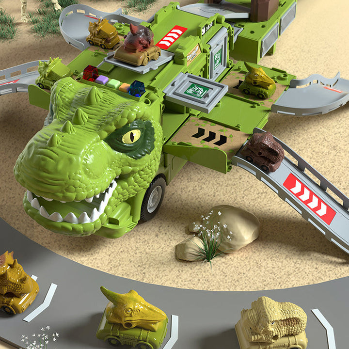 "Färgglad transformerande dinosaurielastbil med ljus och musik, perfekt för barns kreativa och pedagogiska lek."