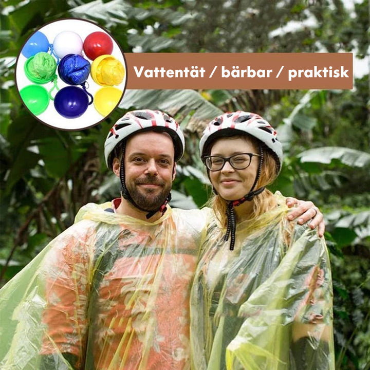 "Färgglad unisex regnponcho med kompakt förvaringsboll, idealisk för skydd i regn och lätt att bära med sig."