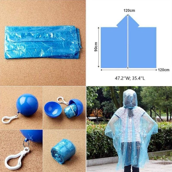 "Färgglad unisex regnponcho med kompakt förvaringsboll, idealisk för skydd i regn och lätt att bära med sig."