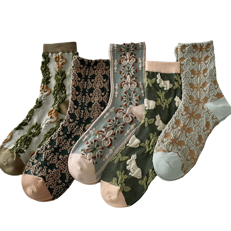 "Färgglada blommiga bomullsstrumpor 5-pack; accessoar med komfort och stil, perfekt för daglig användning."