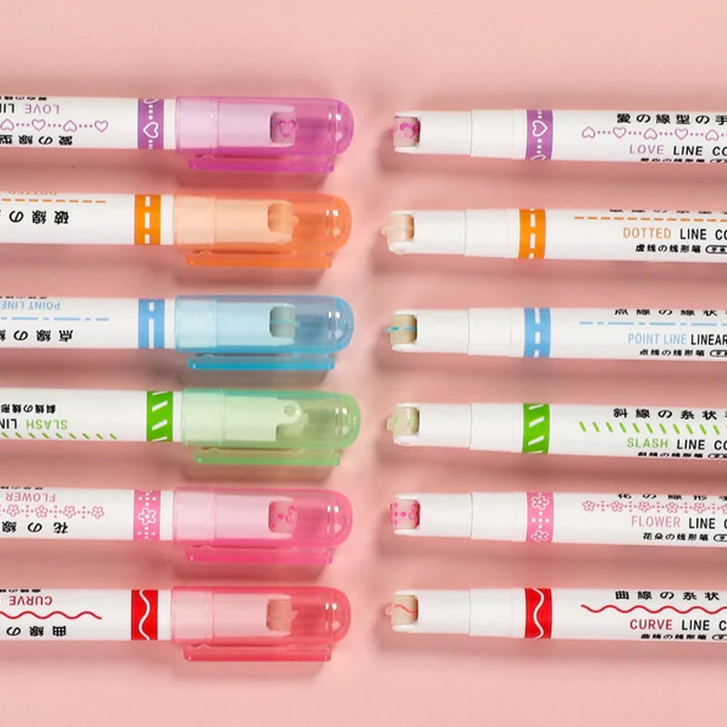 "Färgglada Curve Highlighter Pennor för kreativa projekt med dubbelspetsdesign och flera färger, i plastförpackning."