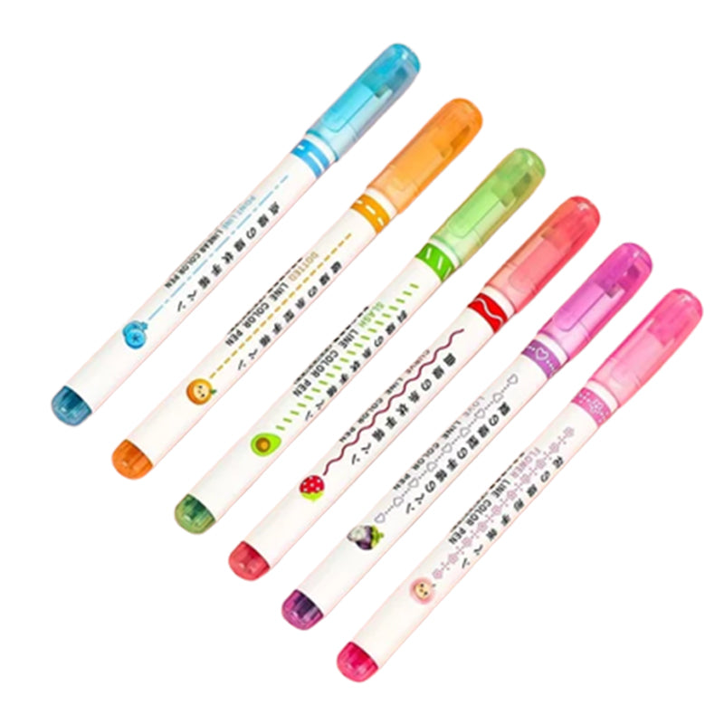 "Färgglada Curve Highlighter Pennor för kreativa projekt med dubbelspetsdesign och flera färger, i plastförpackning."