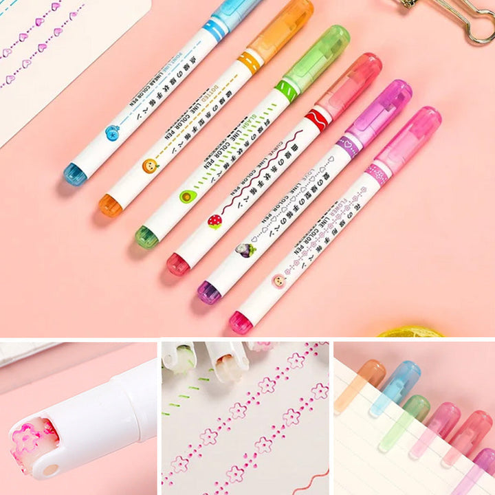 "Färgglada Curve Highlighter Pennor för kreativa projekt med dubbelspetsdesign och flera färger, i plastförpackning."