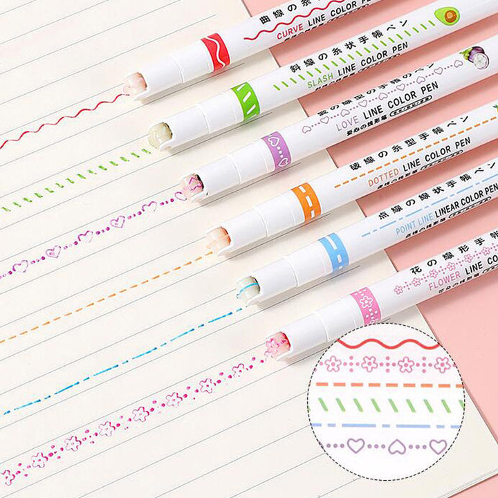 "Färgglada Curve Highlighter Pennor för kreativa projekt med dubbelspetsdesign och flera färger, i plastförpackning."