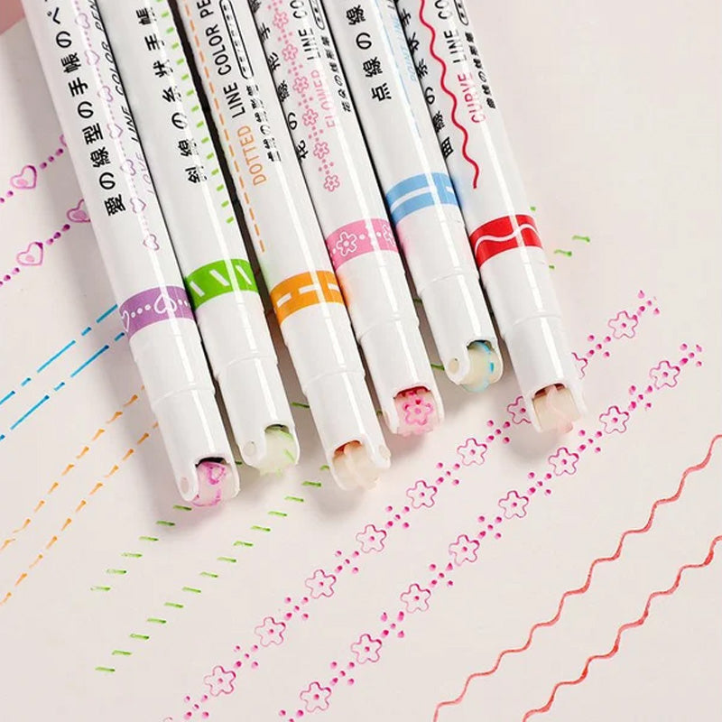 "Färgglada Curve Highlighter Pennor för kreativa projekt med dubbelspetsdesign och flera färger, i plastförpackning."