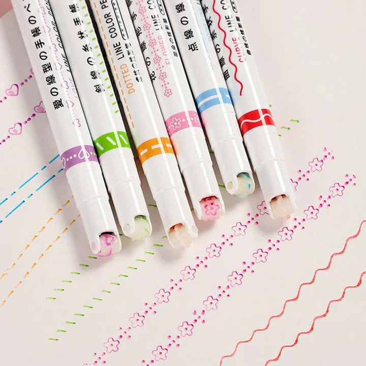 "Färgglada Curve Highlighter Pennor för kreativa projekt med dubbelspetsdesign och flera färger, i plastförpackning."