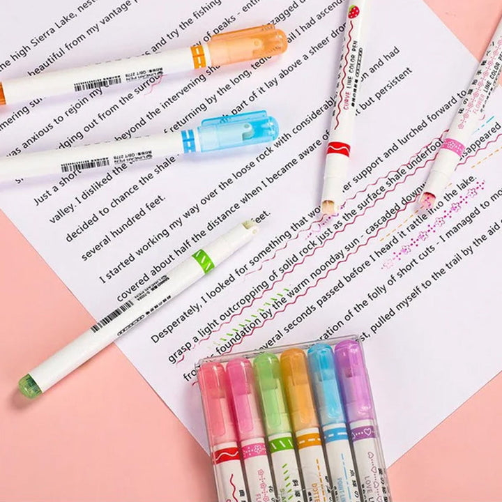 "Färgglada Curve Highlighter Pennor för kreativa projekt med dubbelspetsdesign och flera färger, i plastförpackning."