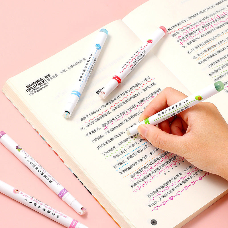 "Färgglada Curve Highlighter Pennor för kreativa projekt med dubbelspetsdesign och flera färger, i plastförpackning."