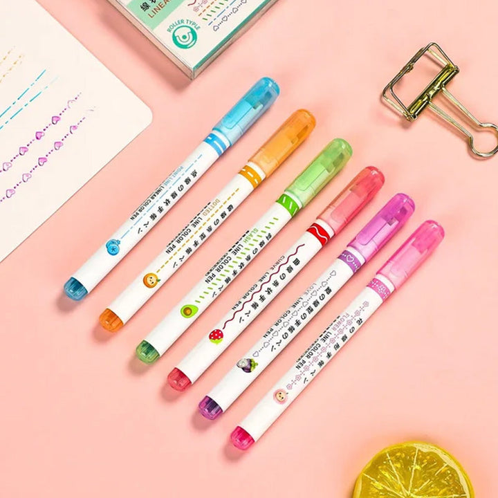 "Färgglada Curve Highlighter Pennor för kreativa projekt med dubbelspetsdesign och flera färger, i plastförpackning."