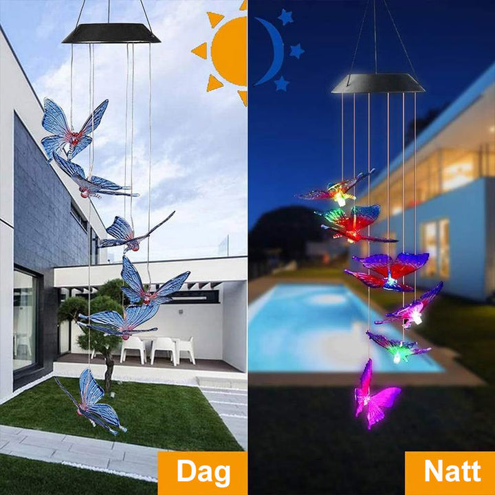 "Färgglada fjärilssolcellsdrivna vindklockor, LED-belysning, utomhusdekor med vattenresistent design."