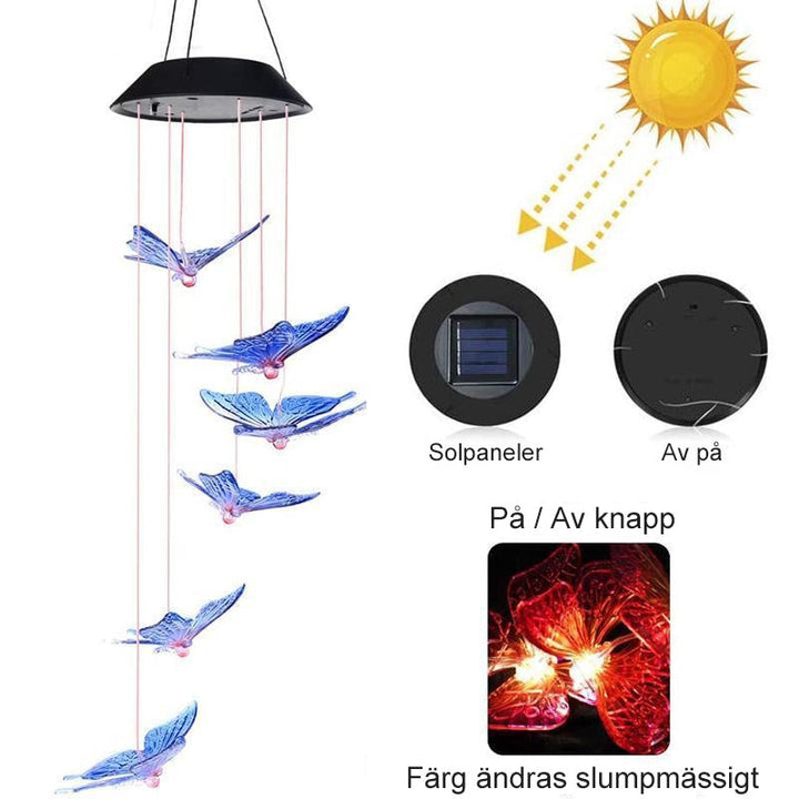 "Färgglada fjärilssolcellsdrivna vindklockor, LED-belysning, utomhusdekor med vattenresistent design."