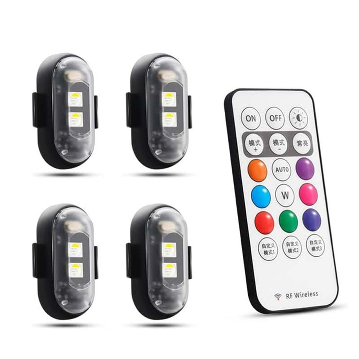"Färgglada LED-lampor för bil, stroboskopljus, antikollisionsskydd, fjärrkontroll, dynamiska effekter, 12V ABS-material."