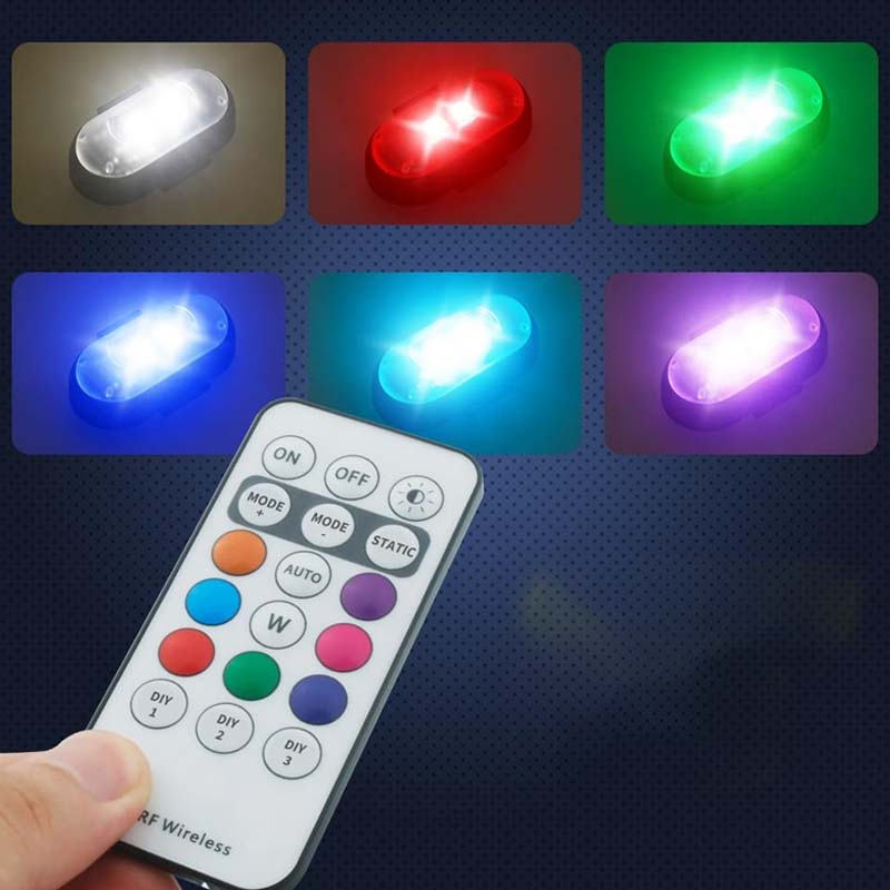 "Färgglada LED-lampor för bil, stroboskopljus, antikollisionsskydd, fjärrkontroll, dynamiska effekter, 12V ABS-material."
