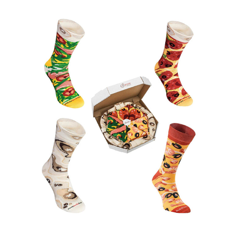 Personliga kreativa pizza-strumpor för vuxna, 4-pack, i en kreativ pizzakartong. Perfekt som accessoar för en lekfull stil och personligt uttryck.