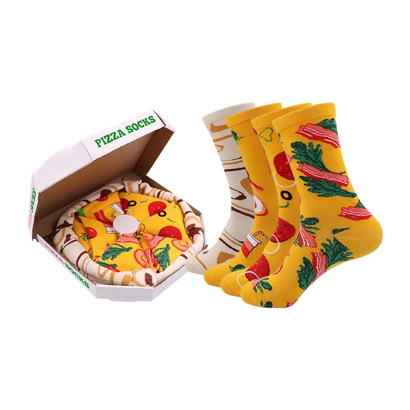 Personliga kreativa pizza-strumpor för vuxna, 4-pack, i en kreativ pizzakartong. Perfekt som accessoar för en lekfull stil och personligt uttryck.