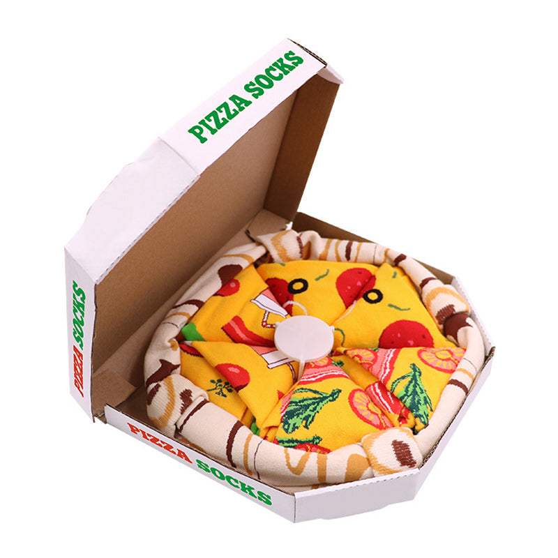 Personliga kreativa pizza-strumpor för vuxna, 4-pack, i en kreativ pizzakartong. Perfekt som accessoar för en lekfull stil och personligt uttryck.
