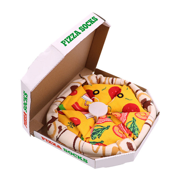 Personliga kreativa pizza-strumpor för vuxna, 4-pack, i en kreativ pizzakartong. Perfekt som accessoar för en lekfull stil och personligt uttryck.