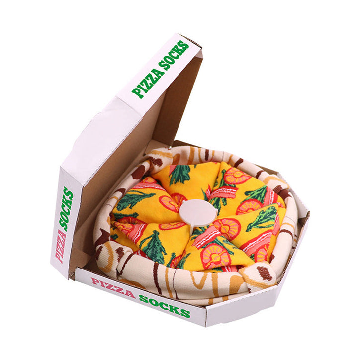 Personliga kreativa pizza-strumpor för vuxna, 4-pack, i en kreativ pizzakartong. Perfekt som accessoar för en lekfull stil och personligt uttryck.
