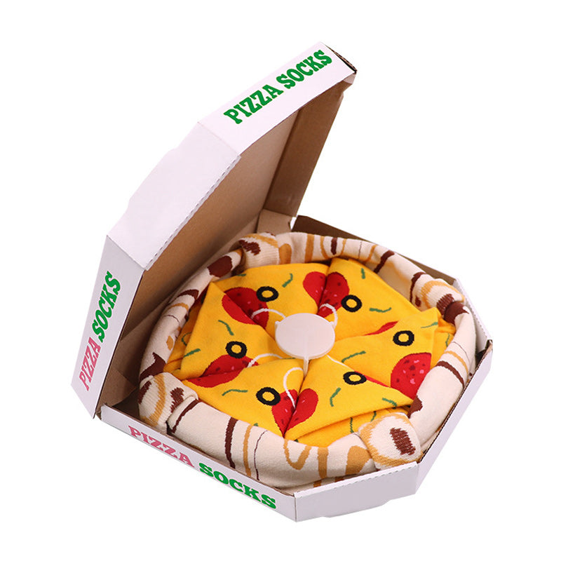Personliga kreativa pizza-strumpor för vuxna, 4-pack, i en kreativ pizzakartong. Perfekt som accessoar för en lekfull stil och personligt uttryck.