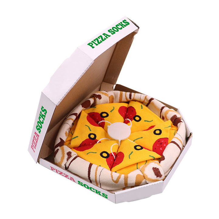 Personliga kreativa pizza-strumpor för vuxna, 4-pack, i en kreativ pizzakartong. Perfekt som accessoar för en lekfull stil och personligt uttryck.