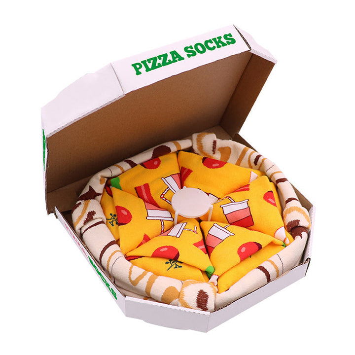 Personliga kreativa pizza-strumpor för vuxna, 4-pack, i en kreativ pizzakartong. Perfekt som accessoar för en lekfull stil och personligt uttryck.