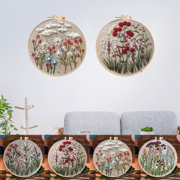 Färgglatt broderikit för nybörjare med blomstertema, komplett med träram och verktyg för enkel start.